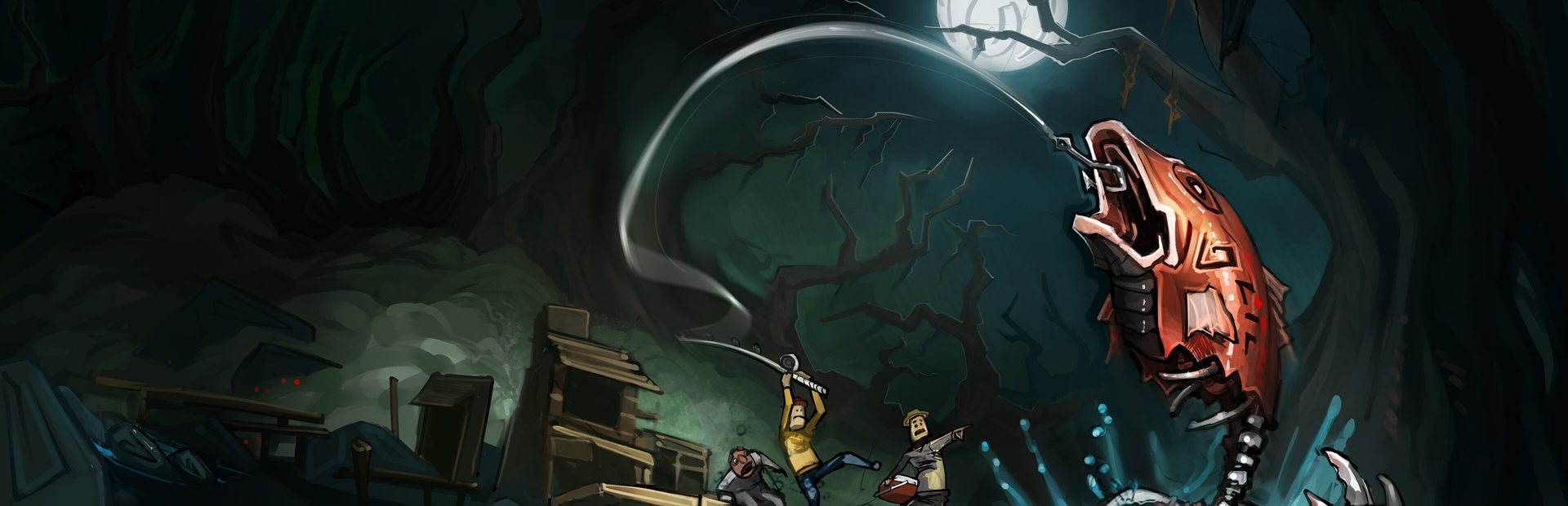 Official Voodoo Fishin' key art: puppet anglers facing the swamp at night